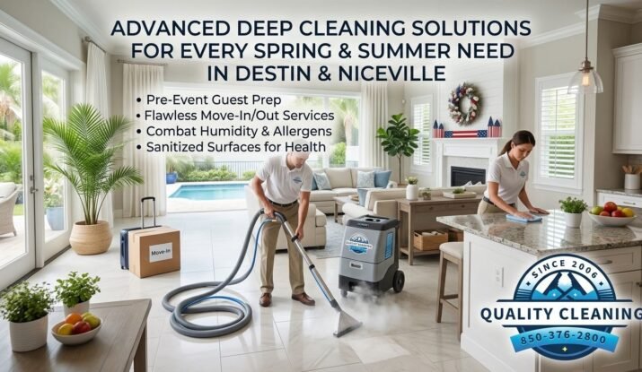 ty requires more than a casual clean. From preparing your home for Memorial Day guests to ensuring a flawless Move-In/Out Deep Cleaning for seasonal rentals, the demands are unique and exacting. At TileUp, we understand that homeowners in these discerning communities seek a level of cleanliness that protects their family’s health and preserves their valuable investments. We solve the problem of achieving this elevated standard by leveraging cutting-edge professional equipment and a meticulously curated selection of premium products from trusted brands. This guide reveals how our advanced cleaning solutions are tailored for every spring and summer need, elevating your Florida lifestyle. Advanced professional cleaning is essential for Florida's spring and summer, using technology like steam cleaners and hot water extractors to combat humidity, allergens, and high traffic. This ensures a deep, sanitized clean for homes, protecting family health and preparing properties for events or seamless move-in/out transitions. The warmer months bring a distinct set of challenges for homeowners in Destin and Niceville. Increased outdoor activity means more dust, sand, and pollen tracked indoors. Higher humidity fosters dust mites and can contribute to mildew odors. These factors demand a cleaning approach that goes far beyond surface-level tidiness. Our Deep Clean service is specifically designed to address these seasonal realities. It's a proactive health measure that systematically removes accumulated allergens, purifies the air, and sanitizes surfaces. This comprehensive approach is foundational, whether you're welcoming Memorial Day guests or preparing a property for a seamless Move-In/Out Deep Cleaning.
