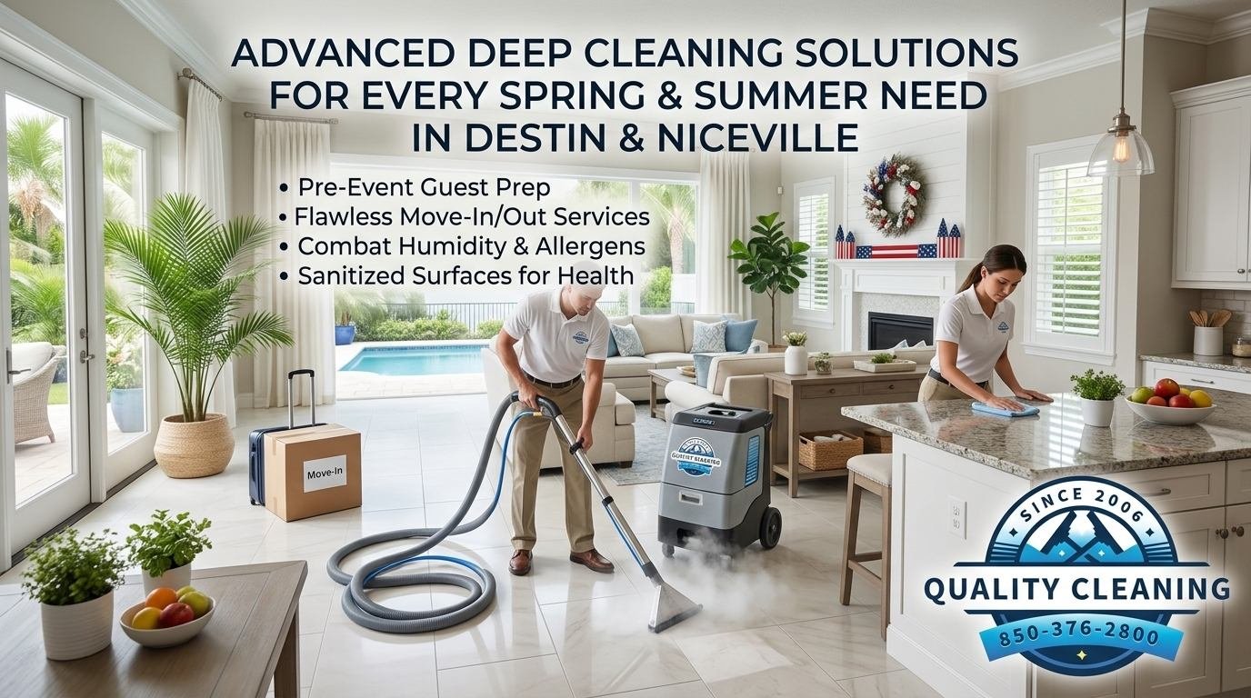 ty requires more than a casual clean. From preparing your home for Memorial Day guests to ensuring a flawless Move-In/Out Deep Cleaning for seasonal rentals, the demands are unique and exacting. At TileUp, we understand that homeowners in these discerning communities seek a level of cleanliness that protects their family’s health and preserves their valuable investments. We solve the problem of achieving this elevated standard by leveraging cutting-edge professional equipment and a meticulously curated selection of premium products from trusted brands. This guide reveals how our advanced cleaning solutions are tailored for every spring and summer need, elevating your Florida lifestyle. Advanced professional cleaning is essential for Florida's spring and summer, using technology like steam cleaners and hot water extractors to combat humidity, allergens, and high traffic. This ensures a deep, sanitized clean for homes, protecting family health and preparing properties for events or seamless move-in/out transitions. The warmer months bring a distinct set of challenges for homeowners in Destin and Niceville. Increased outdoor activity means more dust, sand, and pollen tracked indoors. Higher humidity fosters dust mites and can contribute to mildew odors. These factors demand a cleaning approach that goes far beyond surface-level tidiness. Our Deep Clean service is specifically designed to address these seasonal realities. It's a proactive health measure that systematically removes accumulated allergens, purifies the air, and sanitizes surfaces. This comprehensive approach is foundational, whether you're welcoming Memorial Day guests or preparing a property for a seamless Move-In/Out Deep Cleaning.